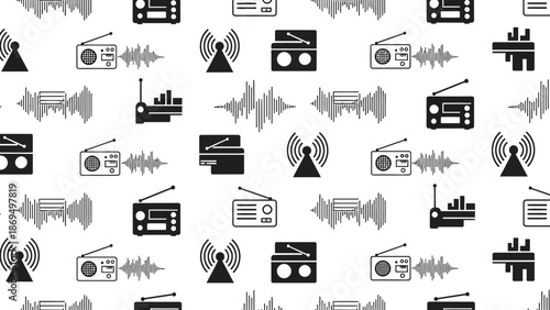Seamless pattern of radio devices, sound waves, and broadcast towers on a white background, Repetitive communication technology