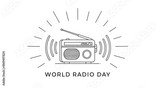 World Radio Day text with classic radio receiver emitting waves on isolated white background, Global radio broadcast celebration design