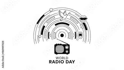 World Radio Day text with abstract circular design and vintage radio on isolated white background, Global radio communication celebration