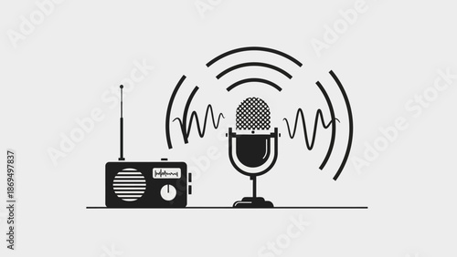 Radio receiver and retro microphone with sound waves on a light gray background, Broadcast and audio recording concept