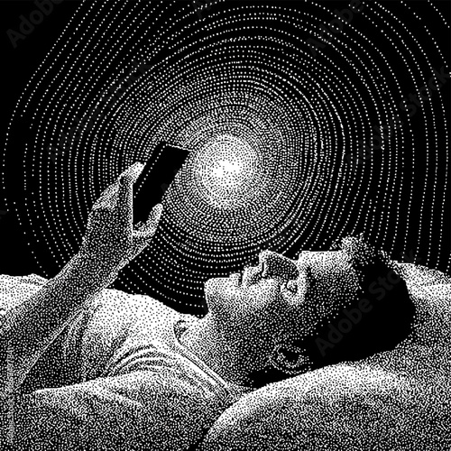 A man lies on his back holding a smartphone with a mesmerizing light and circular pattern radiating from the screen vector illustration
