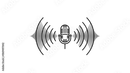 Retro microphone with sound waves transmitting on an isolated white background, Vintage broadcast microphone icon