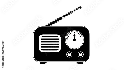 Retro radio receiver with dial and antenna on an isolated white background, Vintage broadcast device icon
