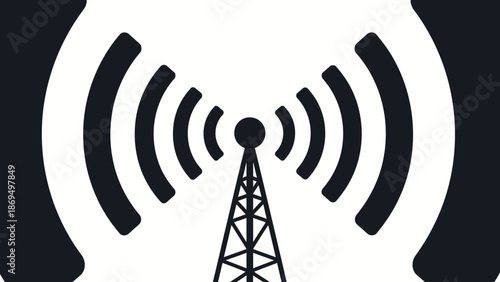Radio antenna transmitting waves on an isolated white background, Communication broadcast tower icon