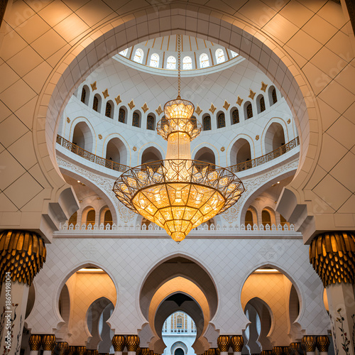 Interior of a large mosque with a beautiful chandelier