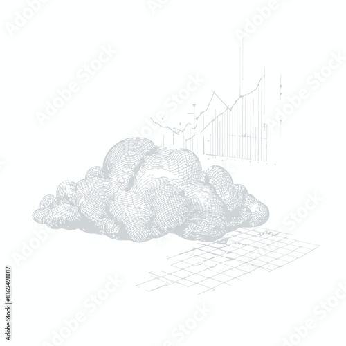 A vector illustration of a cloud made up of fingerprints next to a graph and grid on a white background