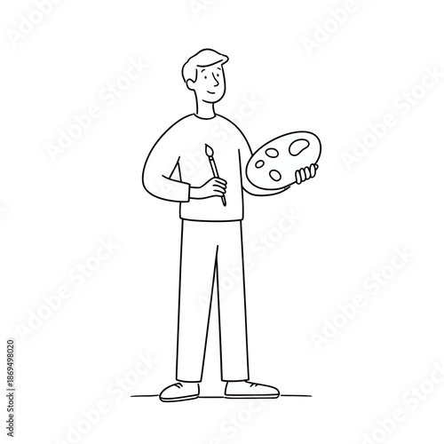 A man holding a paintbrush and a palette stands poised to create a new artistic masterpiece in a simple line drawing style vector illustration