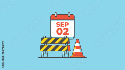 Construction barrier and traffic cone blocking calendar date September 2.