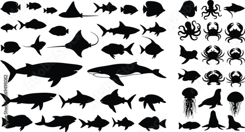 Black Sea Life Silhouette Collection, Whale Shark Stingray Octopus Crab and Fish Ocean Set, Marine Design, CAD Drawing Flat Vector Illustration