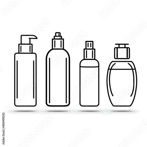 A set of four empty cosmetic bottles with different types of caps and shapes standing on a white background vector illustration