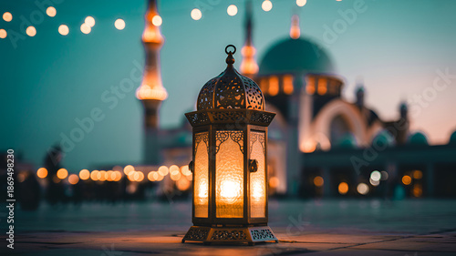 Islamic lantern glowing in front of mosque at sunset