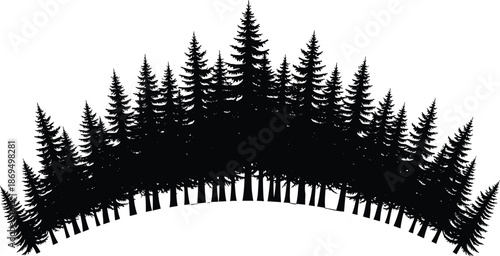 Black silhouette of coniferous pine tree forest on curved hill, wilderness landscape design element, isolated on white, cad drawing flat vector illustration