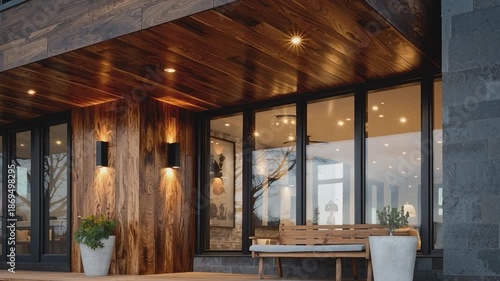 Rustic Modern Entrance: The inviting entry of a stylish home, melding warm wooden accents with modern design elements, creating a sense of sophisticated comfort and contemporary elegance.