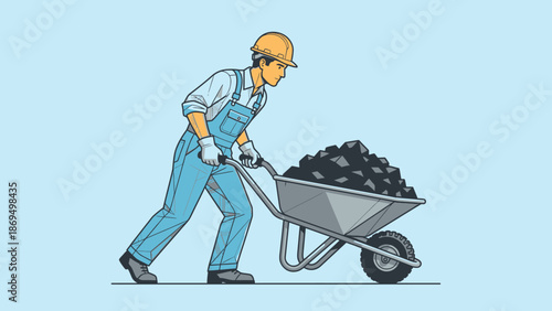 Construction worker pushing wheelbarrow full of coal.