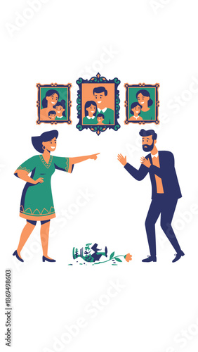 Couple arguing in front of family portraits.