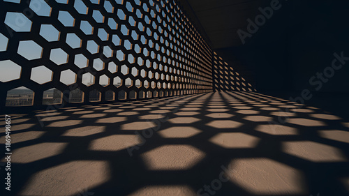 Modern architectural design with hexagonal patterned wall and shadow play