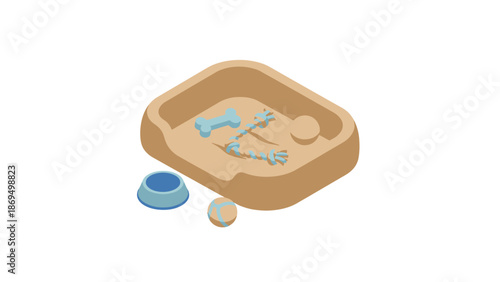 Cozy Pet Bed with Food and Water Bowls and Toy.