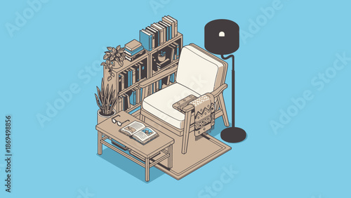 Cozy Isometric Reading Nook with Bookshelf and Chair.