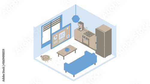 Cozy Isometric Studio Apartment with Pet Cat and Modern Furniture.