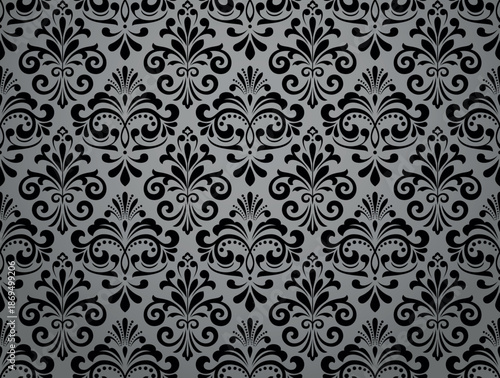 Wallpaper in the style of Baroque. Gray and black floral ornament. Seamless vector background. Graphic pattern for fabric, wallpaper, packaging. Ornate Damask flower illustration