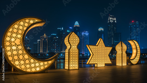 ramadan decorations in front of city skyline at night