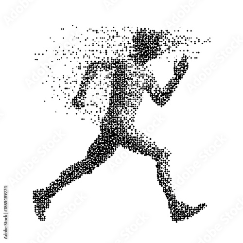 A pixelated illustration of a man running with a dynamic motion effect in a black and white vector illustration