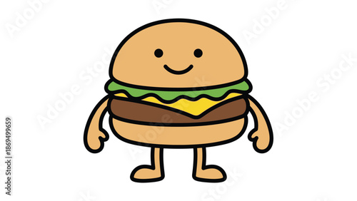 Cute Cartoon Hamburger Character with a Happy Face.