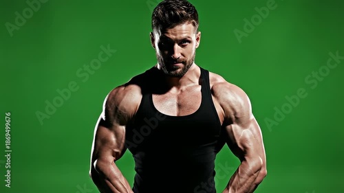 Wallpaper Mural Strong Male Bodybuilder Flexing Muscles Against Green Screen. Torontodigital.ca
