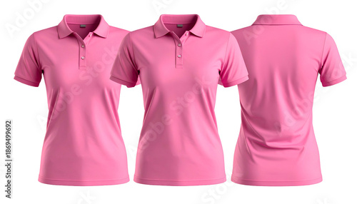 Three pink polo shirts front, angled front, and back views against black