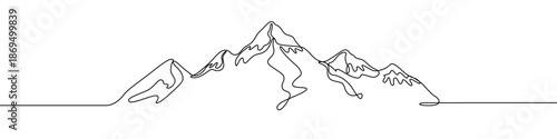 A mountain range with four peaks, one of which dominates the others. A symbol of nature, travel, climbing, and grandeur. Drawing in one line art style with editable black stroke. Vector illustration.
