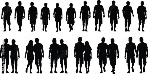 Collection of walking men and couples silhouettes, casual summer people strolling forward, isolated on white, cad drawing flat vector illustration
