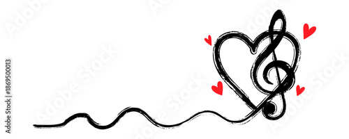 A treble clef shaped like a heart in a brush stroke or grunge style. A wavy line extends from the heart. Pictogram of love for music. Vector illustration.