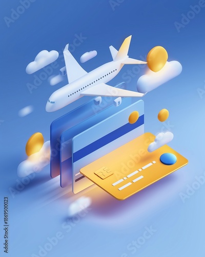 Credit card travel loyalty points reward specialist airplane cloud finance digital blue color. Illustration of credit card and airplane with floating coins and clouds representing travel rewards