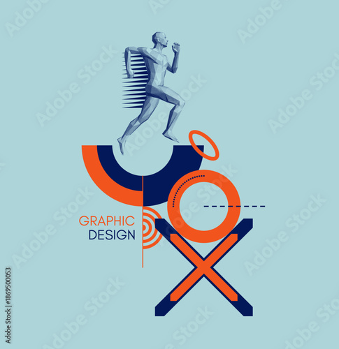 Running man or marathon runner. Leadership, freedom or development concept. Design for sport. Geometric pattern. Art composition. Vector for brochure, poster, presentation, flyer or banner.