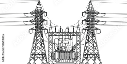 High voltage electrical substation with transmission towers and transformer, industrial power grid infrastructure, sketch style, cad drawing flat vector illustration