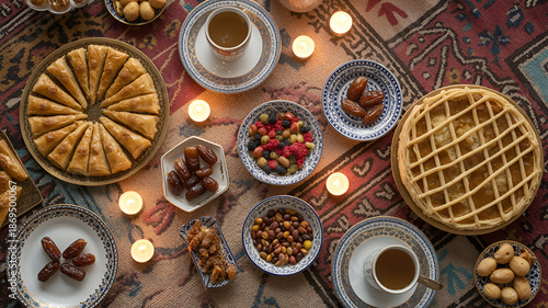 Traditional middle eastern food and drinks on a carpet