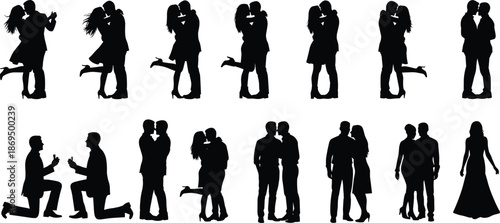 Romantic Couple Silhouettes Set, Engagement Proposal and Kissing Poses, CAD Drawing Flat Vector Illustration Isolated on White Background for Wedding Design