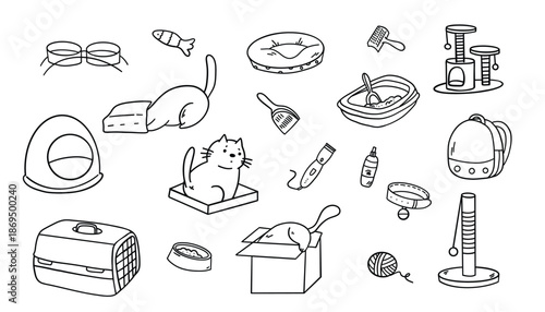Cat care doodle vector set. Minimal black line art on white background featuring cute cats, litter box, scratching post, cat house, carrier, toys, food bowls, grooming tools and pet supplies. 