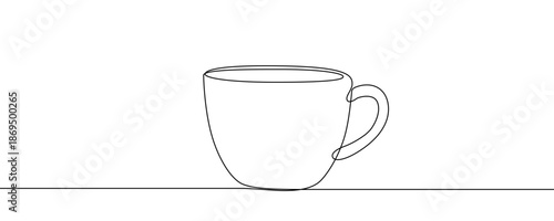 Classic cup with a handle, filled with a hot beverage. Symbol of coffee, tea, break or comfort in one line art style with editable black stroke. Vector illustration.
