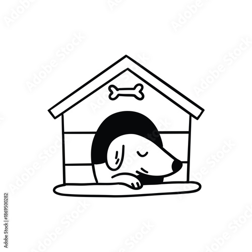 Dog in kennel doodle vector illustration. cute pet care design suitable for veterinary clinics, pet shops, dog shelters, grooming salons, packaging, stickers, posters and branding projects.