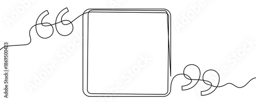 Square frame bordered by opening and closing quotation marks. Symbol of a quote block, highlighted text or review in one line art style with editable black stroke. Vector illustration.