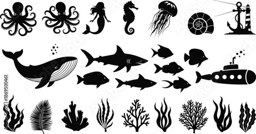 Set of black marine life silhouettes including whale, shark, mermaid, octopus, coral and nautical elements, isolated on white, cad drawing flat vector illustration
