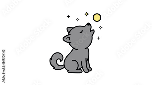 Cute cartoon wolf howling at the moon with stars.
