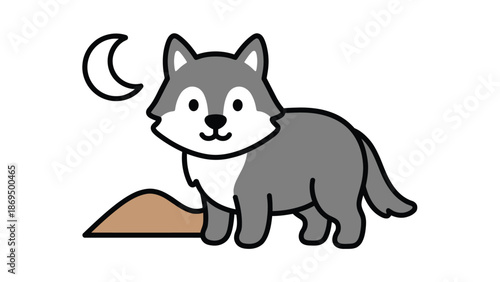 Cute cartoon wolf standing under a crescent moon.