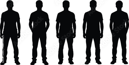 Set of five anonymous casual men silhouettes standing in a row facing forward, isolated on white background, cad drawing flat vector illustration