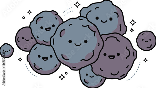 Cute Kawaii Asteroids Group Illustration.