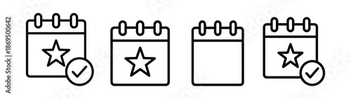 Set of calendar icons with star and checkmark for task management. Calendar icons set. Calendar with star icon. Calendar with checkmark icon for productivity date reminder and task management.