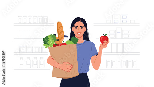 Happy young woman in a supermarket holding a paper grocery bag full of fresh food and a red apple, promoting healthy eating.