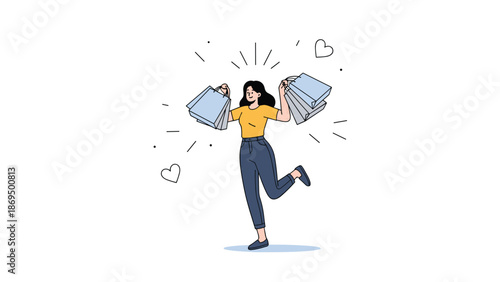 Excited young woman joyfully holding multiple shopping bags after a successful shopping spree, surrounded by hearts and sparkles.