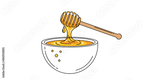 Wooden honey dipper dripping with golden honey into a white ceramic bowl, illustrated in a clean, minimalist line art style.